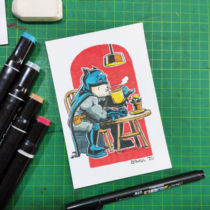 Tea Time Batman 6" x 4" Original Pen and Marker Art - SketchedUp20