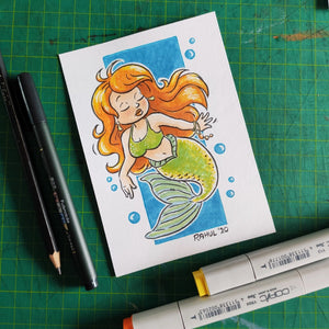 Flame Haired Mermaid 6" x 4" Original Pen and Marker Art - SketchedUp20